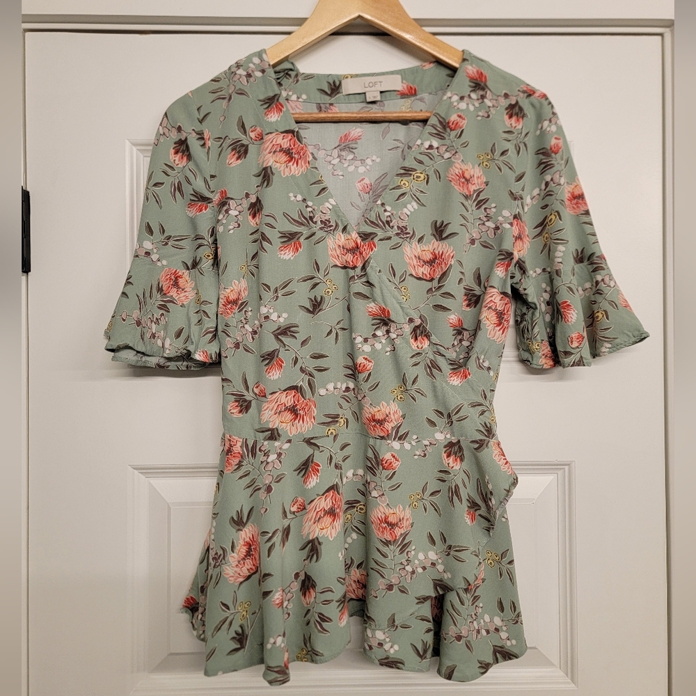 LOFT Sage Green Floral Wrap Shirt with Flutter Sleeves & Tie Waist